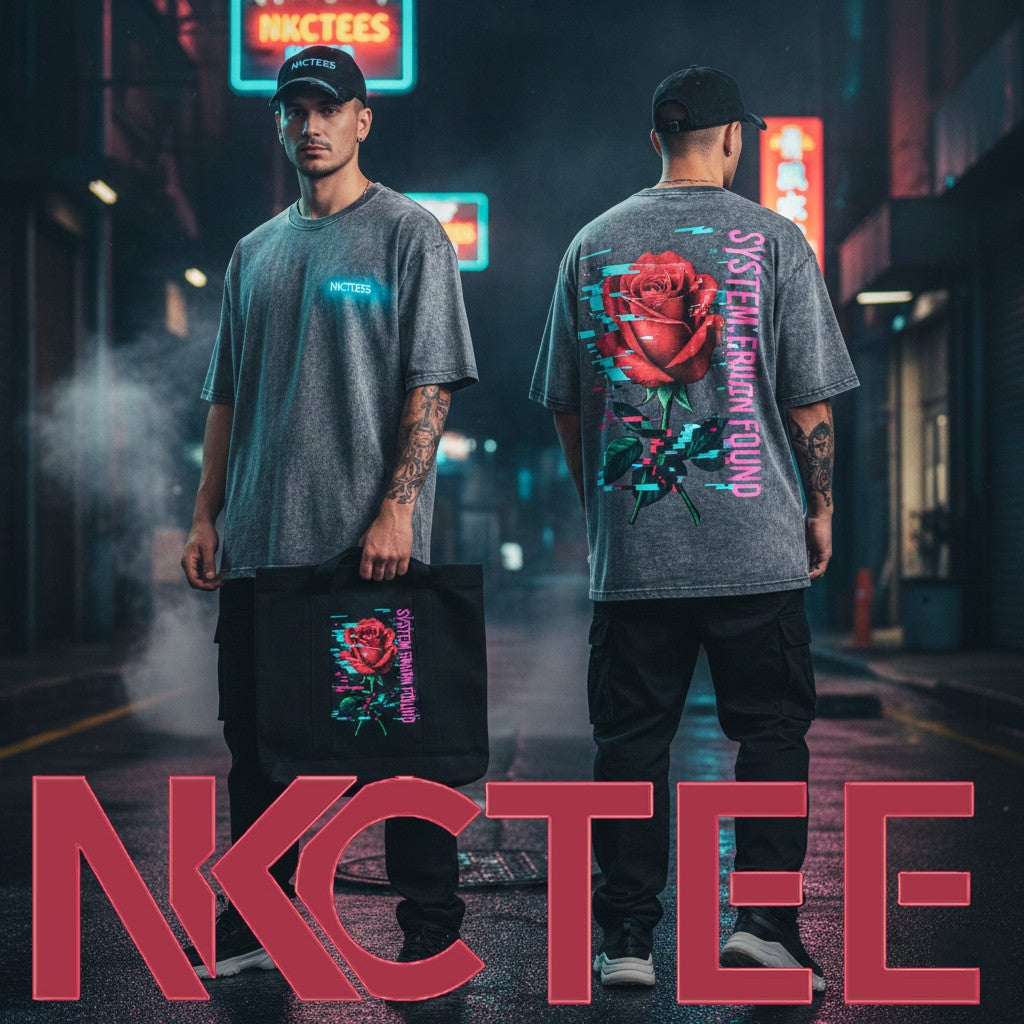 Oversize T-shirt for Men and Women – Digital Glitch Rose – 100% Cotton, 4-Way Stretch, Streetwear