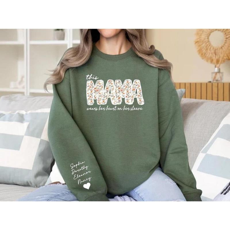 Personalized Mama Sweatshirt with Kids Names, Mother's Day Jumper, Mom Custom Name Sweater, Mom Wears Heart on Sleeve,...