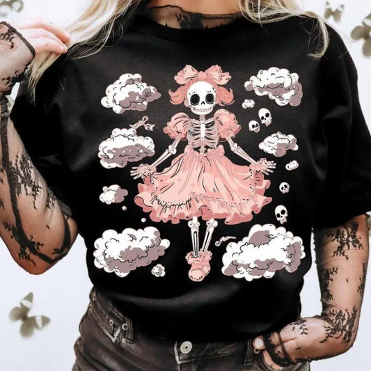 Pink Halloween Cute Skeleton T-Shirt, For Men, For Women, Casual, Classic Fashion Cotton Underwear Shirt Womenswear And Menswear Tops