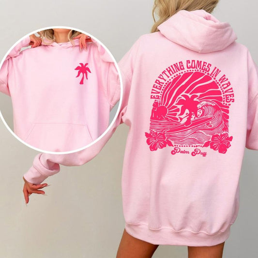Pink Palm Puff Hoodie, Cute Graphic Hoodie Aesthetic 2025, Long Sleeve Pullover, Trendy Outfit for Women, Heavyweight Cotton Hoodie, Gift For Him, For Her