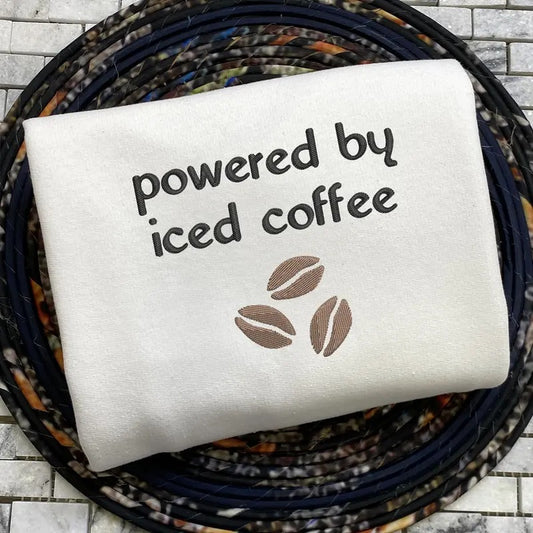 Powered by Iced Coffee Embroidered Sweatshirt, Coffee Beans Black and Cream Sweatshirt, Gift for Coffee Lover