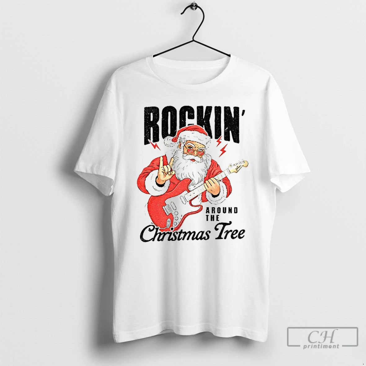 Premium Santa Claus Play Guitar Rockin Around The Christmas Tree Merry Christmas T Shirts Sweater Hoodie, Sweatshirt