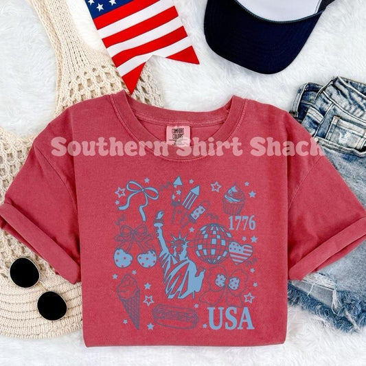 Preppy Coquette America t shirt  | Crimson comfort colors t shirt | 4th of July T shirt