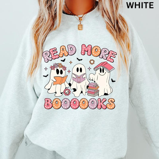 Read More Books, Halloween Graphic Crewneck, Ghosts and Books Sweatshirt, Booktok, Book Lover Halloween Gift, Oversized Cotton Crewneck Casual Halloween Spooky Season