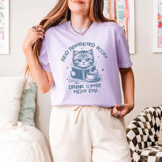 Read Restricted Books, Drink Coffee, Fight Evil, Comfort Colors T-shirt, Funny Cat Lovers Gift, Retro Vintage Shirt