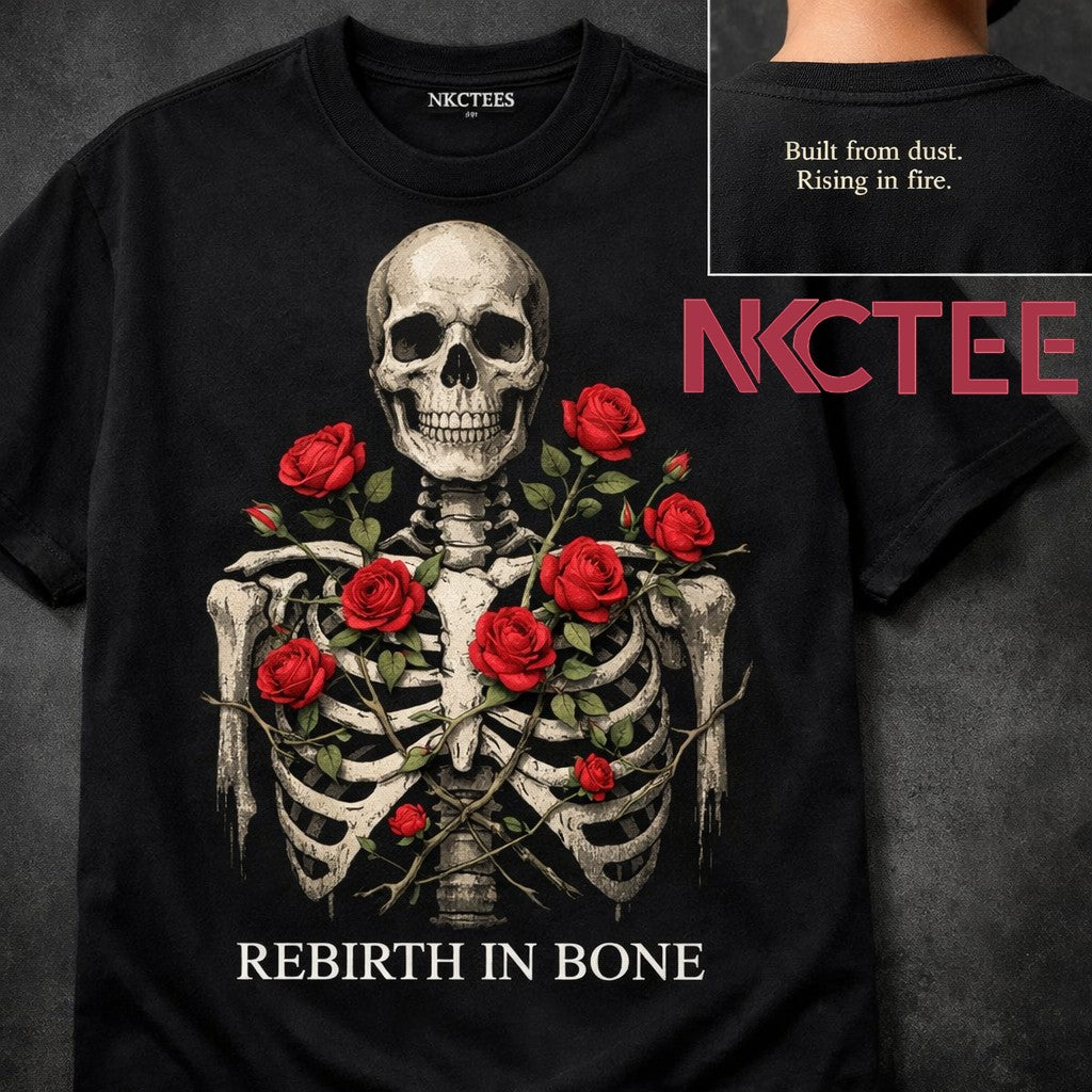 Rebirth In Bone Skeleton Roses Graphic Tee – Gothic Streetwear Unisex 2026