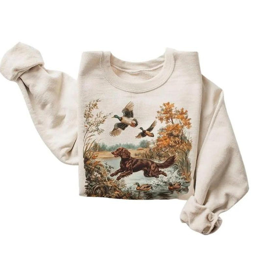 Retro Boykin Spaniel Retrieving Mallard Ducks Sweatshirt - 90s Vintage Cute Dog Breed Hunting Cotton Pullover Menswear Day