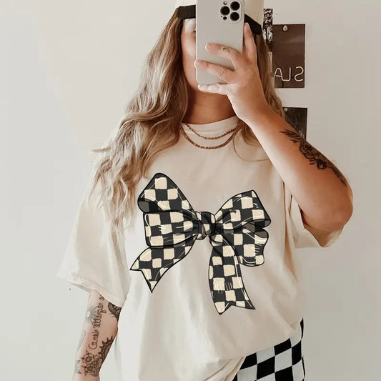 Retro Checkered Bow Shirt, Comfort Colors, Checkered Bows Shirt, Women's Band Graphic Tee, Casual Comfy Graphic