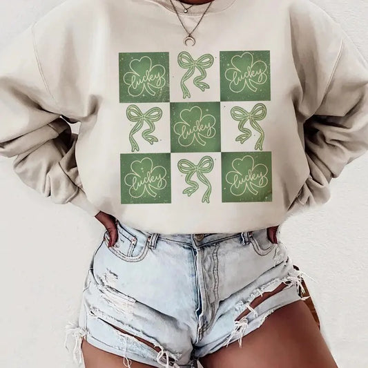 Retro Checkered St Patrick's Day Shirt, Coquette Bow St Patty's Day Sweatshirt, Lucky Shamrock Tee Shirt, Clover Bow Lucky Charm Tee, Gift Patricks Day Cotton Fabric