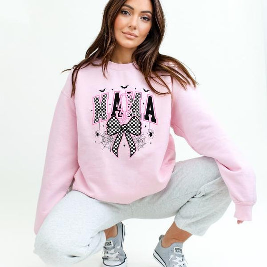 Retro-Inspired Unisex Crewneck Sweatshirt - 'Mama' Checkered Print with Bats & Lightning Bolt, Halloween Vibes, Spooky Coquette Style, Sizes Small to 5X