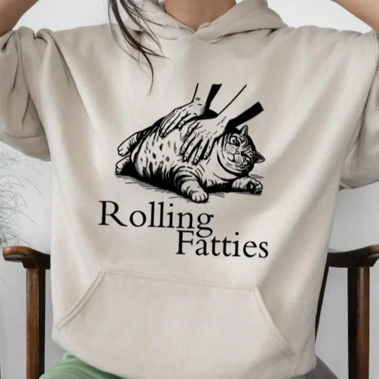 Rolling Fatties Funny Fat Cat Lover Hoodie Sweatshirt T-shirt, Unisex Sweater Pullover Tee Cotton Fit Womenswear Funny Graphic Shirt Hoodie