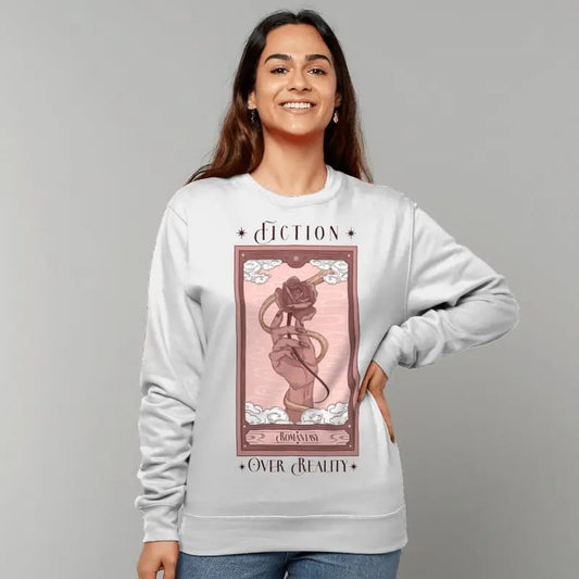 Romantasy Sweatshirt, Fiction Over Reality Hoodie, Romance Reader, Booktok Merch, Bookish Merch, Gift for Book Lover Womenswear Soft Crewneck Pullover Long Sleeves Graphic Fabric Sweater