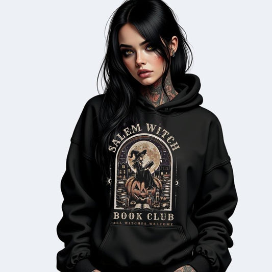 SALEM WITCH BOOK CLUB Halloween Sweatshirt - Black Hoodie with Pink Graphic Design for Spooky Season Fun & Comfortable Wear