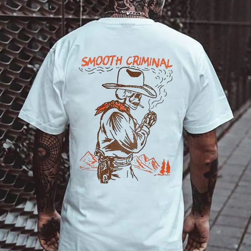 SMOOTH CRIMINAL Cowboy Skull Casual Graphic White Print T-shirt, Sweatshirt, Hoodie,  Oversized S-5Xl, Unisex Shirt, Today shirt, Love shirt, Retro Unisex, Life shirt, Merch gift, Short Sleeve Graphic, Naughty Clothes Men Classic Cotton Fabric Menswear