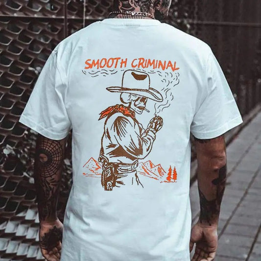 SMOOTH CRIMINAL Cowboy Skull Casual Graphic White Print T-shirt, Sweatshirt, Hoodie,  Oversized S-5Xl, Unisex Shirt, Today shirt, Love shirt, Retro Unisex, Life shirt, Merch gift, Short Sleeve Graphic, Naughty Clothes Men Classic Cotton Fabric Menswear