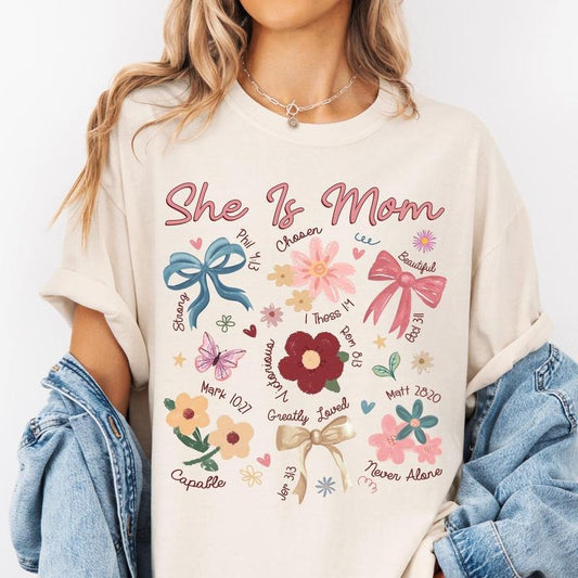 She Is Mom Shirt, Boho Floral Mama Sweatshirt, Mother's Day 2025 Gift, Christian Mama, Floral Spring, Bible Verse Shirt, Mama Wildflower Coquette Graphic Tee