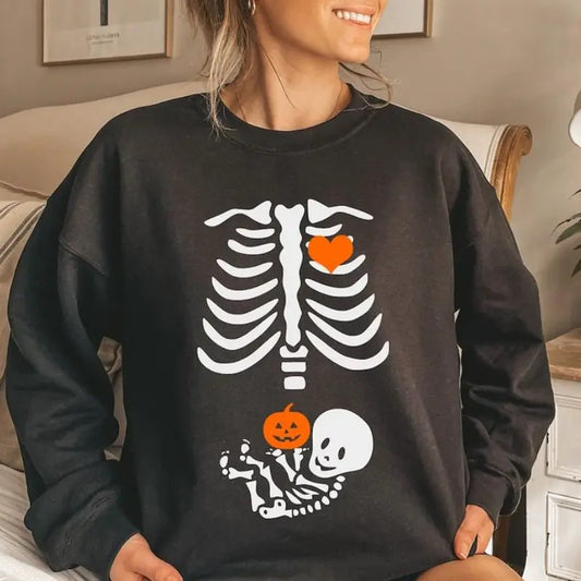 Skeleton Halloween Maternity Sweatshirt - Shirt- Hoodie, Funny Pregnancy Announcement Shirt, Pregnant Women Costume, Fall New Mom Sweater, Mommy to Be Gift, Halloween for women, Full Color, For Men, For Women, Casual, Tee Print