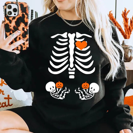 Skeleton Halloween Maternity Sweatshirt, Funny Pregnancy Announcement Shirt 2024, Twin Mama Halloween Sweatshirt, Halloween Pregnant Women Shirt, Fall New Mom Sweater, Mommy to Be Halloween Shirt, Halloween Twin Mom Sweater