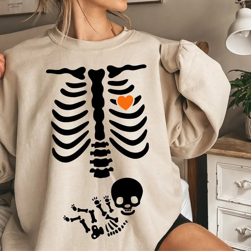 Skeleton Halloween Maternity Sweatshirt, Funny Pregnancy Announcement Sweat 2024, Pregnant Women Costume, Fall New Mom...