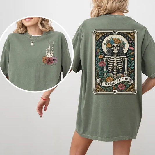 Skeleton Tarot Card Women's Halloween Tshirt Halloween Skeleton T Shirt Cute Spooky T-shirt Women's Halloween Tee Dead Tired Shirt