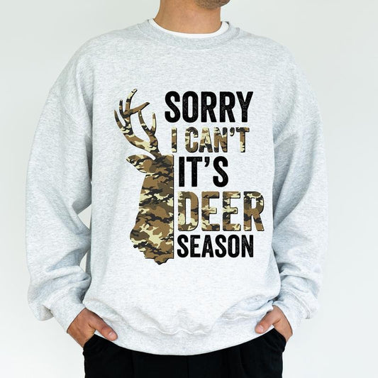 Sorry It's Deer Season Camo Hunting Sweatshirt, Men's Buck Hunt Graphic Sweater, Unisex Hunter Top, Hunting Gifts for Husband, Classic Cotton Menswear