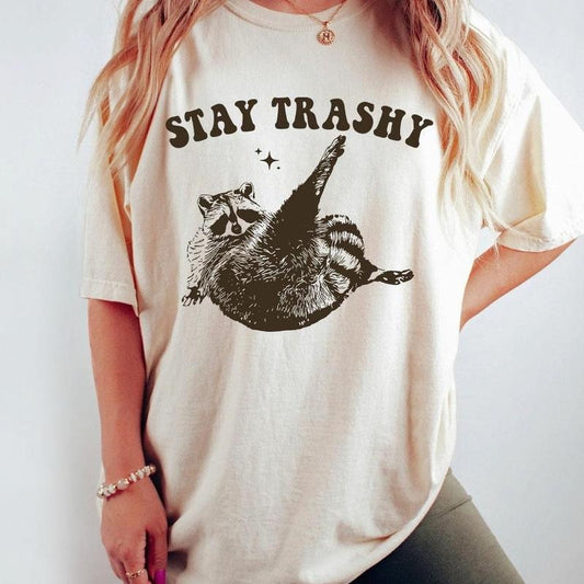 Stay Trashy Raccoon Graphic T-Shirt, Retro Unisex Adult T Shirt, Vintage Raccoon T-Shirt, Nostalgia Shirt, Relaxed Cotton Tees, Raccoon Lover Tee, Street Cats Shirt, Funny Comfort Women Top