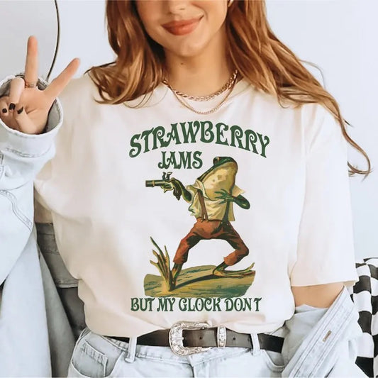 Strawberry Jams But My Glock Don't Shirt  Funny Frog Shirt  Funny Meme Shirt  Gift For Her Classic Cotton Shirt