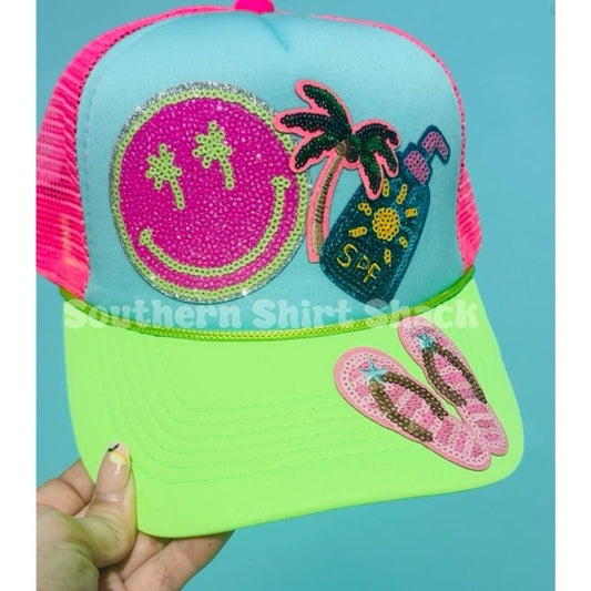 Summer Vibes Neon Colorblock Trucker Hat | Collage Trucker Hat | Beach Day Trucker Hat | Summer Trucker Hat