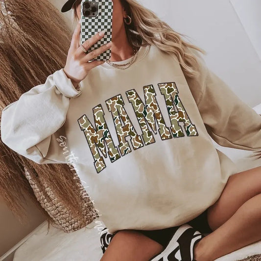 Tan Old Camo Mama Sweatshirt | Varsity Mama Camo Sweatshirt | Mama Sweatshirt