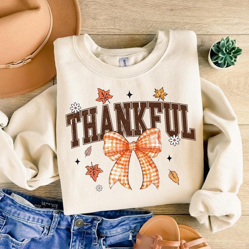 Thankful Sweatshirt, Coquette Fall Sweater, Autumn Pumpkin Shirt, Fall Vibes Shirt, Fall Thanksgiving Shirt, Retro Fall Bow Shirt, Fall Thanksgiving Gift Shirt