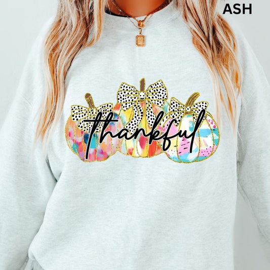 Thankful pumpkin bow Christmas Winter Graphic Long Sleeve Casual Cotton Polyester Oversized - Comfort