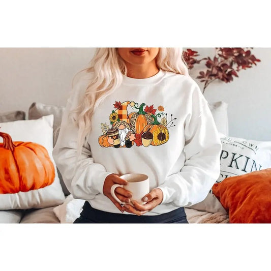 Thanksgiving Gnome Sweatshirt, Cute Pumpkin Design, White Color, Crewneck Style, Comfortable Cotton Polyester Blend for Women