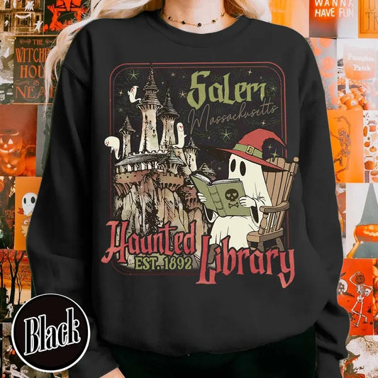 The Haunted Library Sweatshirt, Salem Book Club Shirt, Bookish Halloween Shirt, Spooky Reader Shirt, Book Lover Gift, Ghost Reading Books Shirt