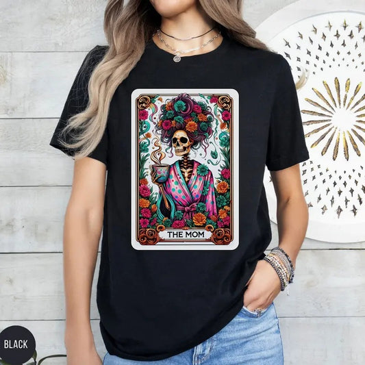 The Mom Tarot Card Shirt - Black Cotton T-Shirt with Skeleton Graphic, Witchy Vibes, Comfortable Design for Casual Wear