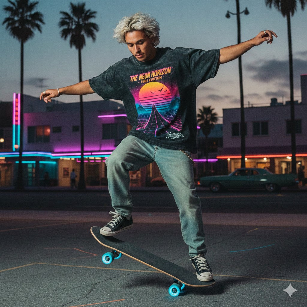 The Neon Horizon T-Shirt – Retro 80s Graphic Tee – Oversize Boxy Fit – Acid Wash Black