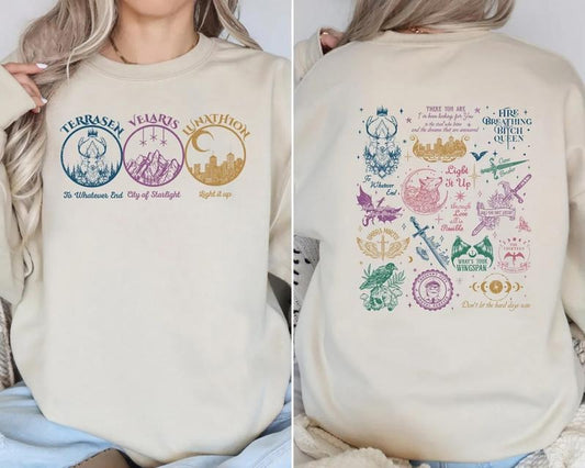 Throne Of Glass Acotar Sweatshirt, Velaris City Of Starlight Sweater, Night Court Tee Shirt, Velaris Shirt, Fireheart Terrasen T-Shirt, Feyre And Rhysand Shirt