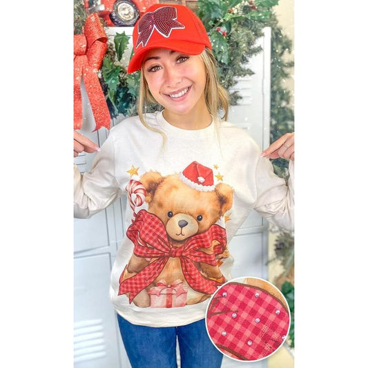 Toby Teddy Bear Christmas Rhinestone Graphic Long Sleeve T-Shirt