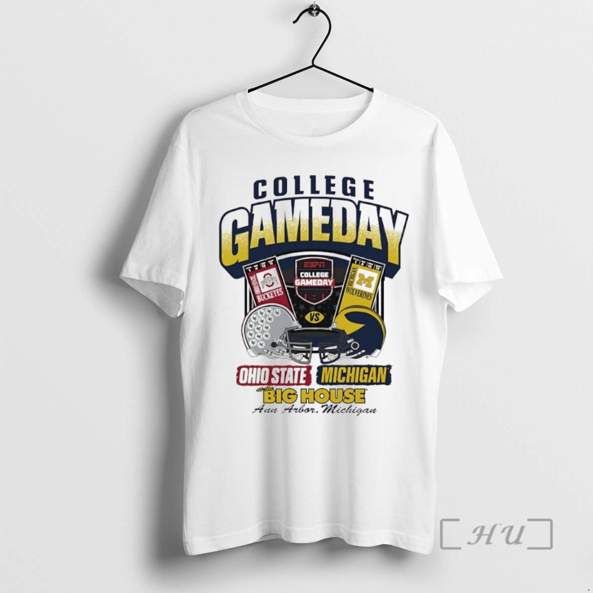 Trending Michigan Wolverines Vs Ohio State Buckeyes College Gameday Big House Ticket Helmet Circle Premium T-Shirts,...