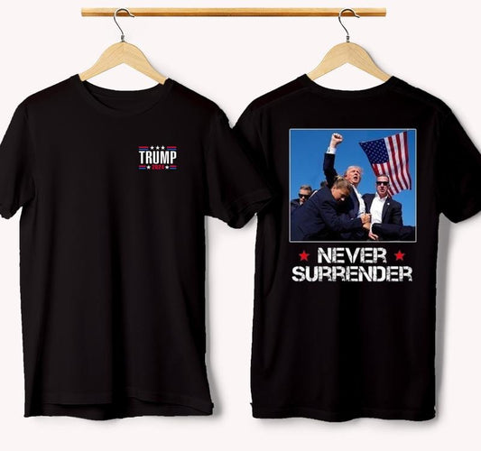 Trum Never Surrender T-shirt, I Stand with Trum Shirt, Praying for Presidet Trum Shirt, Bloodied Trum Fist Pumps, Trum Shirts 2024, Double Sided Graphic Printed Unisex - Classic Cotton Short Sleeve Top for Men - Man Menswear Underwear Tshirt