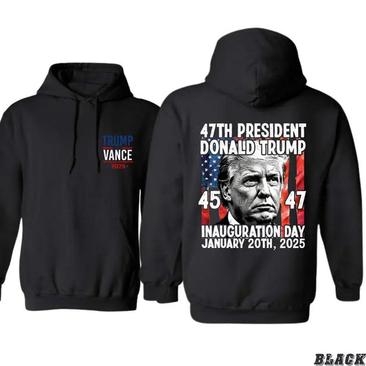 Trump 2025 Hoodie - Bold 47th President Inauguration Day Design Featuring American Flag and Donald Trump's Portrait, Perfect for Supporters, Everyday Comfort, Menswear Sweaters