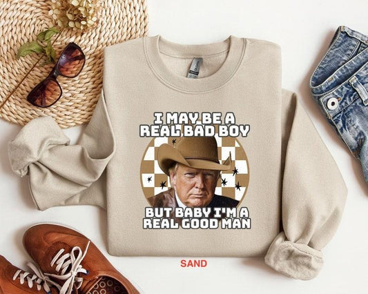 Trump Funny Shirt - Bad Boy Design, Cotton Blend, Long Sleeve Sweater & Hoodie, Perfect for 2024 Presidential Campaign