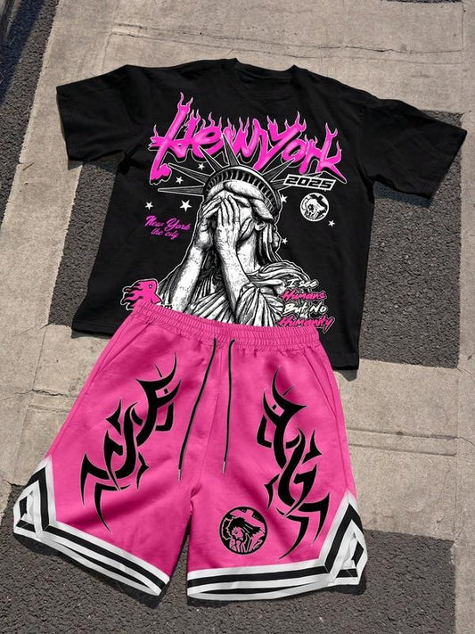 Two-Piece Set Men's Casual Letter Graphic Round Neck Shortsleeve T-Shirt And Shorts Set, Summer Graphic Tees Streetwear