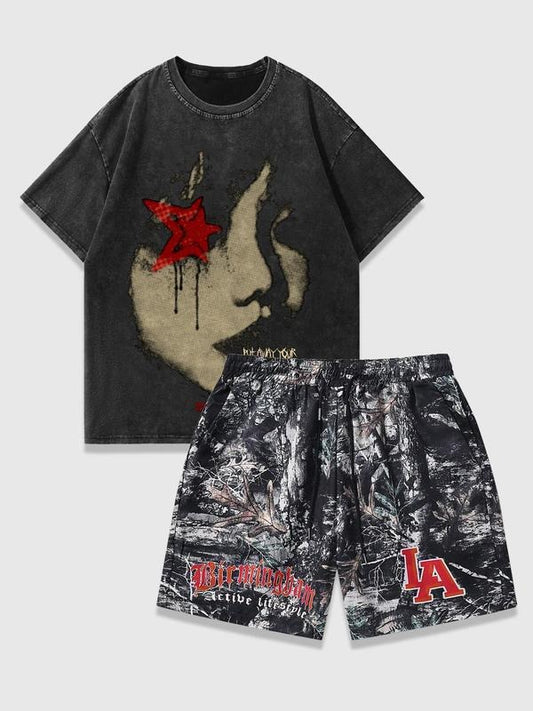Two-Piece Set Men's Letter Graphic Drop Shoulder Tee & Tree Print Shorts, Regular Fit Casual Fashion Cozy Round Neck Short Sleeve T-shirt & Shorts for Daily Outdoor Wear, Men Two-piece for Summer, Cotton