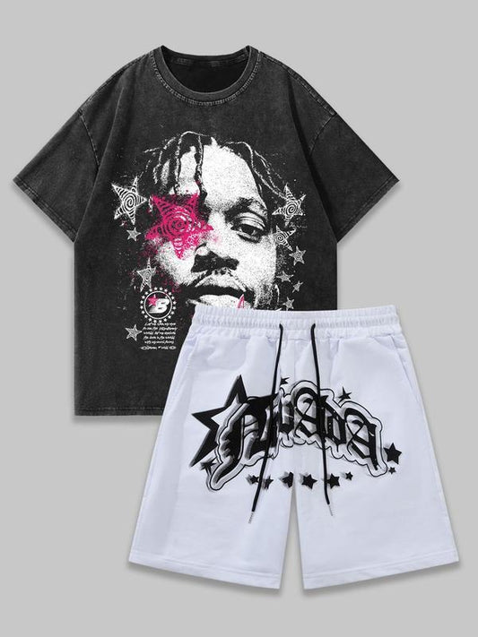 Two-Piece Set Men's Letter Print Short Sleeve Graphic Tee & Track Shorts, Regular Fit Casual Round Neck T-shirt & Shorts, Summer Clothes Set for Men, Cotton