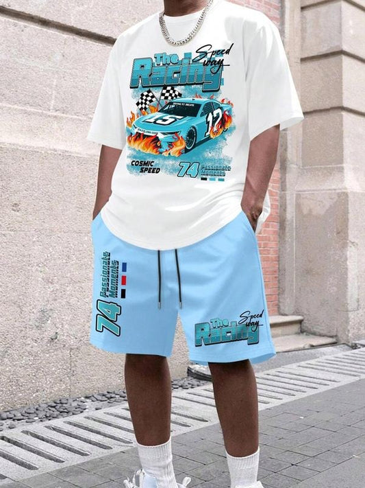 Two-Piece Set Men's Racing Graphic Tee & Shorts, Regular Fit Casual Short Sleeve T-shirt & Track Shorts, Summer Clothes Set for Men