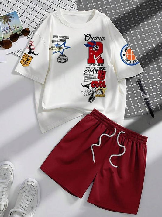 Two-Piece Set Men's Regular Fit Graphic Short Sleeve Tee & Shorts, Casual Round Neck T-shirt & Track Shorts, Summer Clothes Set for Men