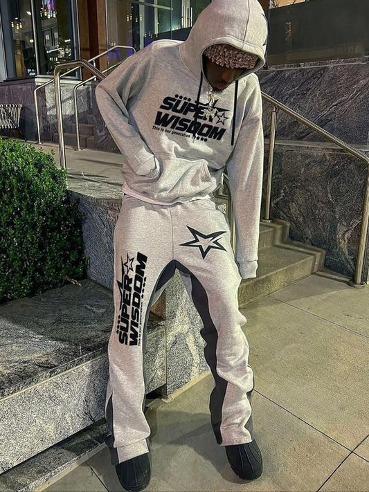 Two-Piece Set Men's Star Graphic Drawstring Pocket Hoodie & Colorblock Elastic Waist Sweatpants, Regular Fit Casual Fashion Cozy Breathable Two Piece Outfits for Daily Wear, Men's Clothes for Fall & Winter