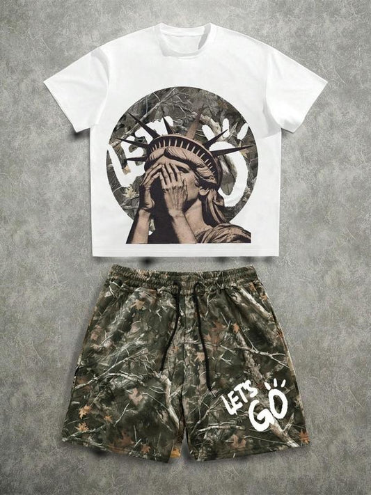 Two-piece Set Men's Statue Of Liberty Print Tee & Camo Print Shorts, Regular Fit Casual Fashion Cozy Round Neck Short Sleeve T-shirt & Shorts, Men Two-piece Outfits for Summer, Menswear