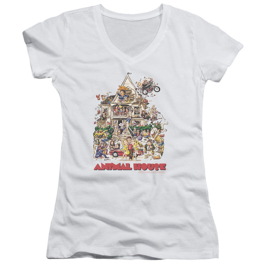 Animal House Poster Art Junior Sheer Cap Sleeve V-Neck Womens T Shirt White