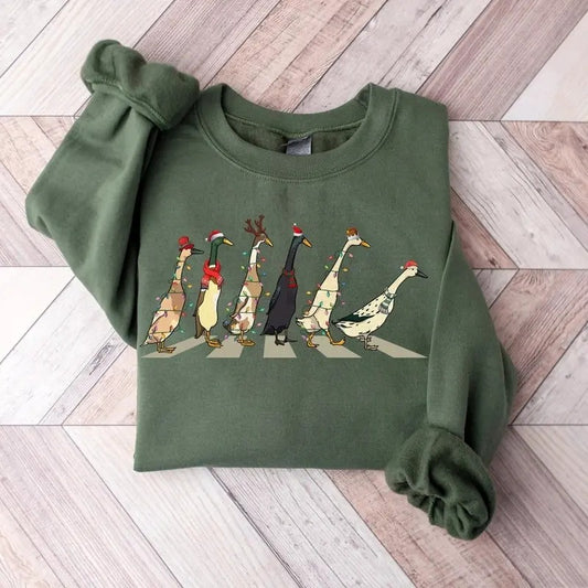 Unisex Christmas Ducks Sweatshirt - Classic Fit Crewneck Sweatshirt & Hoodie - Cotton, Fabric Menswear Fitted